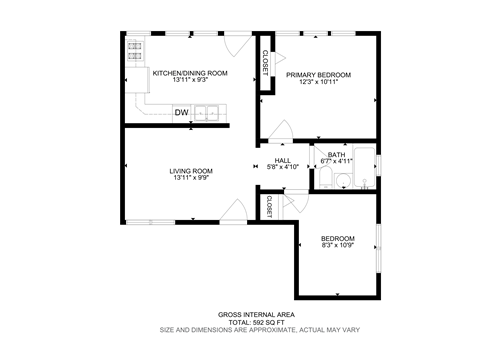 A floor plan of a house with a kitchen, living room, and two bedrooms.